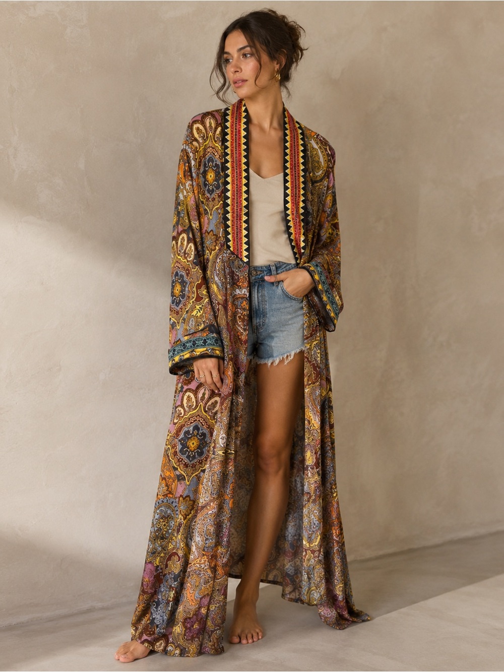 Johnny Was Sandalwood Tove Silk Kimono Duster With Paisley Print Size XS